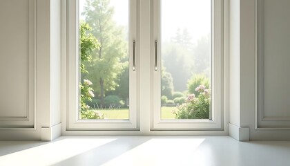 Obraz premium Serene Garden View Through a White Window