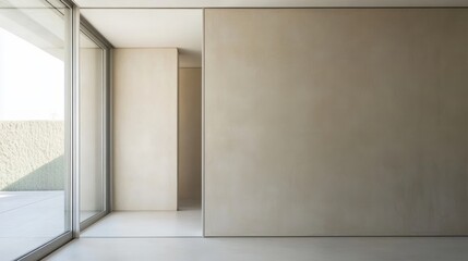 A modern minimalist area with sliding glass doors and a neutral toned 