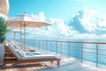 Fototapeta premium Luxury cruise ship deck with lounge chairs and umbrellas overlooking the ocean. Perfect for travel, vacation, and relaxation themes.