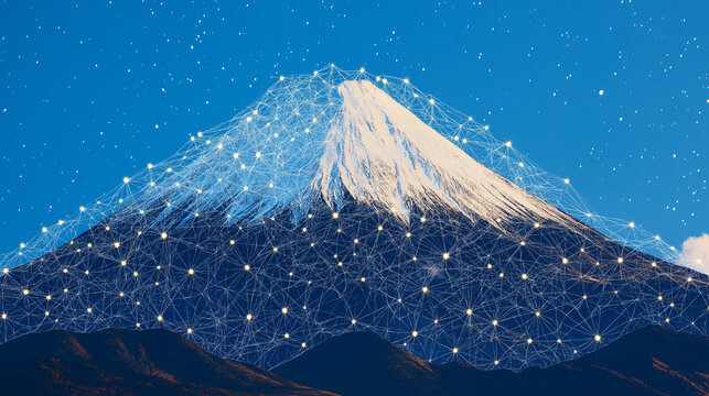 Mount Fuji Network:  A majestic Mount Fuji, snow-capped and serene, is overlaid with a vibrant network of interconnected nodes.