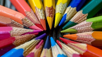 Naklejka premium Colorful Pencils Arranged in a Circle, Close-Up View