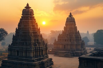 Sunrise over ancient temples, India.  Peaceful morning scene
