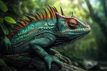 Obraz premium A vibrant portrait of a colored chameleon set against a lush forest backdrop.