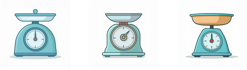 Three vintage-style kitchen scales in different designs, showcasing variations in bowl shape and dial placement.  Perfect for baking and cooking.