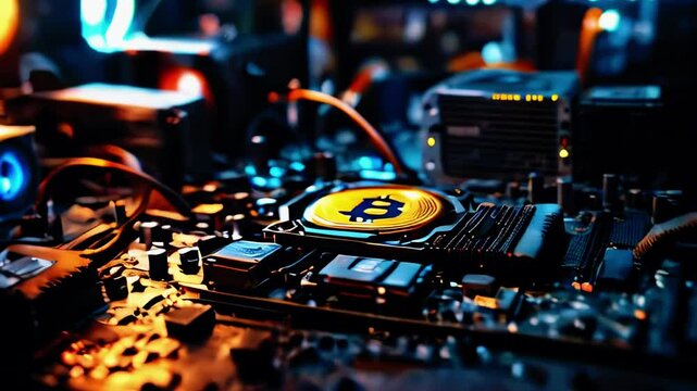 Close-up view of a cryptocurrency mining setup with a Bitcoin logo on a circuit board amidst glowing lights