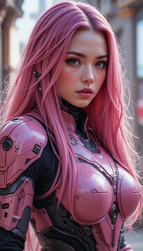 android cyborg robot dressed pink armor with gothic makeup and costume, featuring a retro cyberpunk style for background wallpaper