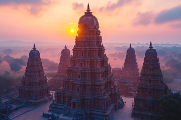 Sunrise over ancient temple complex, misty landscape