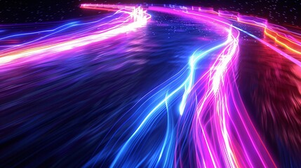Neon-colored light trails on a dark road
