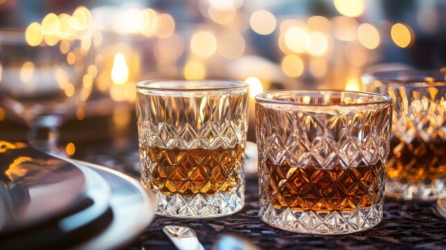 Close-up of vintage whiskey tumblers on a table set for a classy evening gathering with blurred city lights