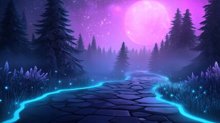 Fototapeta premium Neon Fantasy Portal A magical neon portal glowing in ethereal colors, leading to an enchanted forest filled with sparkling trees and vibrant flowers.