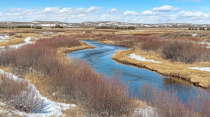 River meanders through prairie, early spring, hills background, nature scene