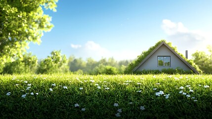 Green Roof House in a Lush Spring Meadow