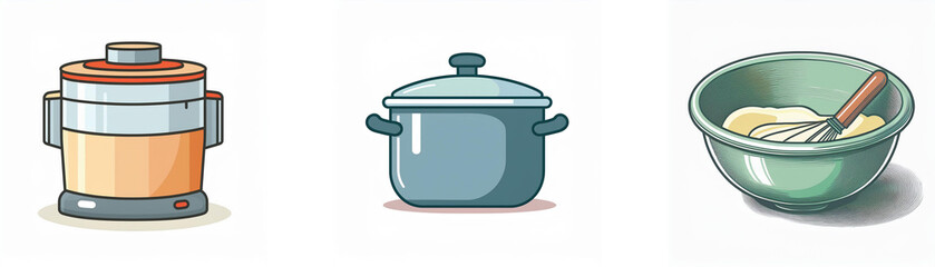 Illustration of kitchenware: a slow cooker, a pot, and a mixing bowl with a whisk.  Perfect for cooking and baking.