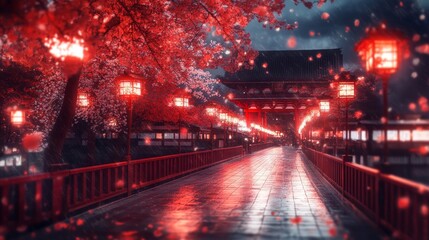Red Lanterns Illuminate Rainy Cherry Blossom Bridge