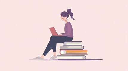  Girl Sitting on Pile of Books: Concept Illustration of Online Courses, Distance Studying, Self-Education, and Digital Library for E-Learning