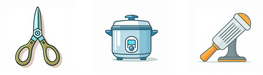Illustration of scissors, rice cooker, and grater.  Simple cartoon style kitchen and craft tools.