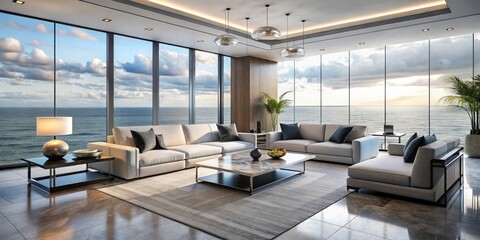 Modern Luxurious Living Room with Minimalist Design, White Sectional Sofa, Black Armchairs, Marble Coffee Table, Ocean View, Interior Decor, Contemporary Styling, Elegant Aesthetics