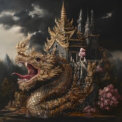Fototapeta premium Majestic dragon guarding an ancient temple, mythical creature adorned with intricate scales, mystical atmosphere, fantasy theme.