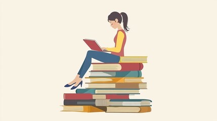  Girl Sitting on Pile of Books: Concept Illustration of Online Courses, Distance Studying, Self-Education, and Digital Library for E-Learning