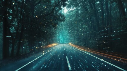 Luminous road through a forest, glowing digital particles. Illustrates technological advancement, digital transformation, or future possibilities.