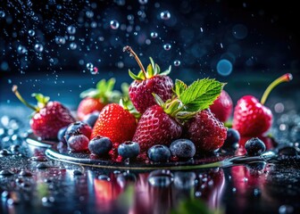 Abstract water droplets cascade over gourmet food, a dark culinary still life against a black backdrop, showcasing rich textures.
