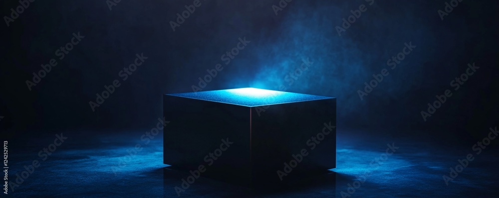 Poster black cube glowing on a dark background with smoke, perfect for product placement