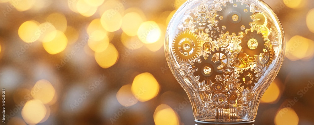 Leinwandbilder Light bulb full of golden gears turning with festive bokeh lights in the background representing the concept of idea generation