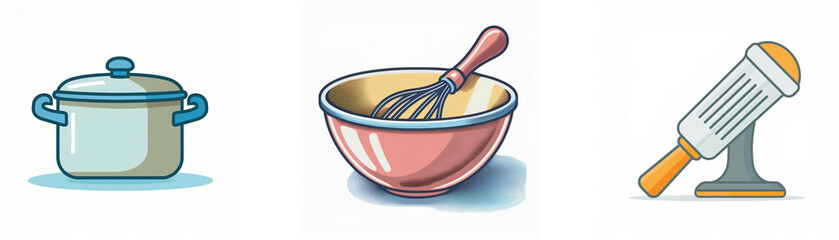 Illustration of kitchen utensils: a pot, mixing bowl with whisk, and rolling pin.  Perfect for baking or cooking.