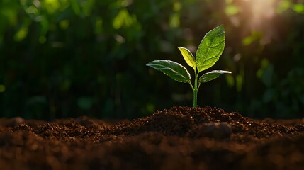 Fototapeta premium Green Seedling Emerging from Dark Soil at Sunrise