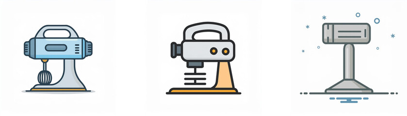 Naklejka premium Simple line art illustrations of three kitchen appliances: a hand mixer, a stand mixer, and a food processor. Each is depicted in a minimalist style.