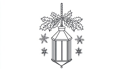Festive lantern, holly, snow, winter, coloring page