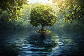 Lush green tree on a tranquil island, surrounded by calm water and lush forest. Perfect for illustrating peace, nature, serenity, or environmental themes.