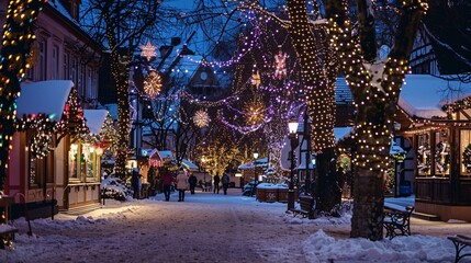Brightly decorated Christmas lights in a town square