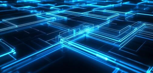 Futuristic Abstract Light Trails Flowing Through Transparent Geometric Shapes in a Digital High-Tech Concept.