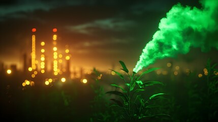 Fototapeta premium Green Smoke Rising from Plant Near Night Factory