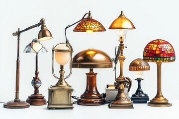 1869. Multi-tiered view on a set of desk lamps, studio lighting, isolated on a white background --ar 3:2 --v 6.1 Job ID: 9504afb6-afe7-48cd-8bea-d45c1379ece8