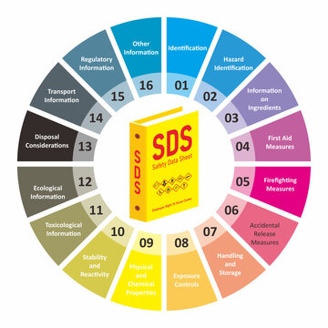 Circular template containing the 16 sections of a material safety data sheet. Part of SDS in vector illustration for construction, industrial.