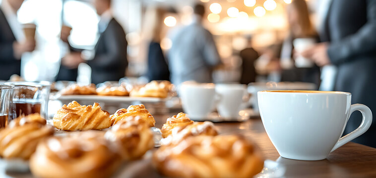 A networking coffee break at a corporate event, participants mingling with blurred focus on elegant pastries and coffee cups.