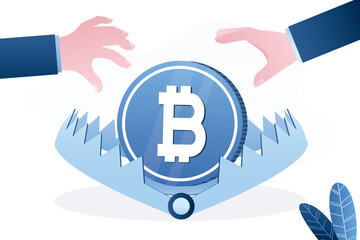 Bitcoin in animal trap. Financial bait. Money trap crypto currency. Blockchain cryptocurrency. Mousetrap with crypto coin. Hands reaching for free money. Risk management.