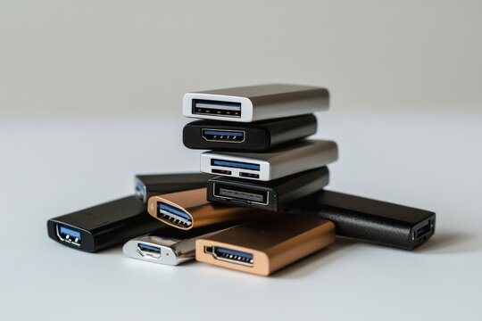 A Stack of Modern Technology Devices with Various Ports and Connections. Exploring the Latest in Digital Accessories and Innovation.  A Collection of Sleek and Functional Tech Gadgets.