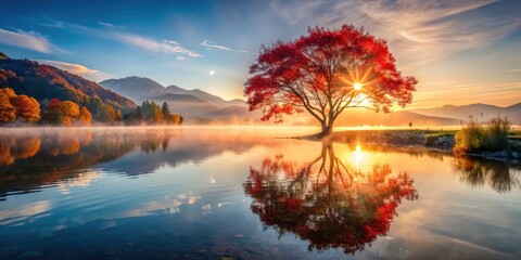 Fototapeta premium Serene Lake Scene at Sunrise with Vibrant Red Tree and Reflections in Calm Waters - Nature Photography, Landscape, Tranquility, Sunrise, Scenic Beauty, Peaceful Atmosphere