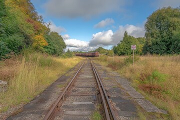 Obraz premium Rustic railway track with distant freight train, overgrown with summer vegetation. Ideal for themes of transportation, countryside, and nostalgic travel.