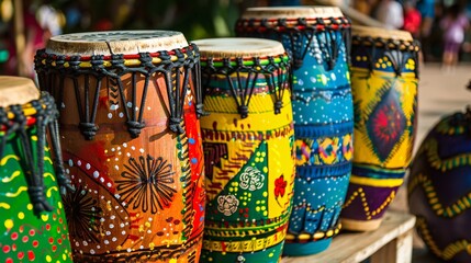 Brightly painted traditional drums at a festival