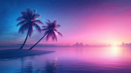 Colorful Tropical and Exotic Location Vibrant sunset over a tropical island with colorful skies, palm trees, and sparkling waters.