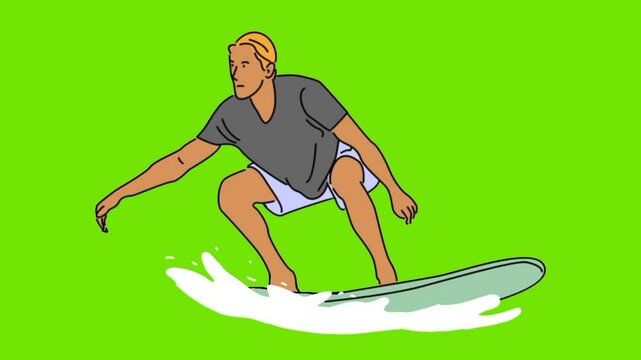 line art animation of surfer in action riding the waves green background
