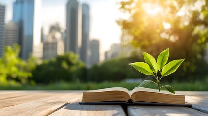 Green Sprout Emerging from Open Book in Urban Park