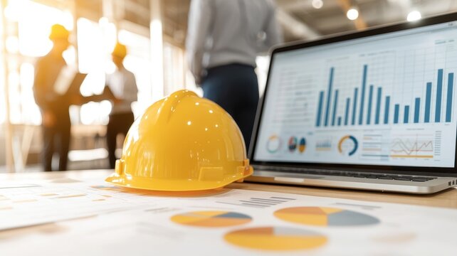 A construction scene featuring a yellow hard hat and a laptop displaying data charts, with professionals discussing in the background.