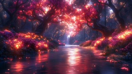 Magical forest river, glowing flowers, waterfall background, fantasy art