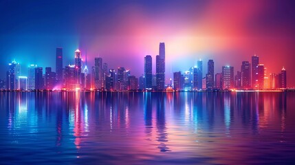 Fototapeta premium Vivid city skyline with colorful lights