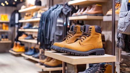 A stylish footwear display featuring rugged boots, with a backdrop of apparel in a modern retail environment.